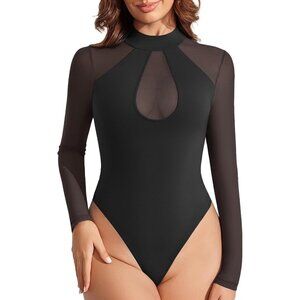 Women's Black Thong Mock Neck Long Sleeve Mesh Bodysuits Shapewear Tops